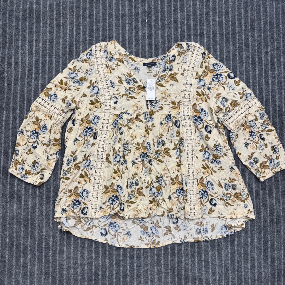 American Eagle Womens Floral Peasant Top Size M Cream Blue Boho Crochet Lace NEW